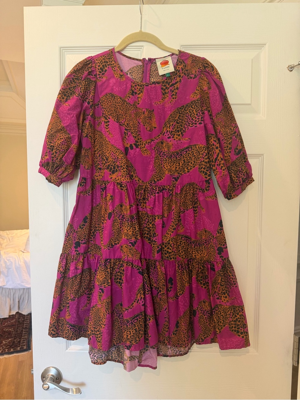 FARM Rio Pink Leopard Print Tiered Dress